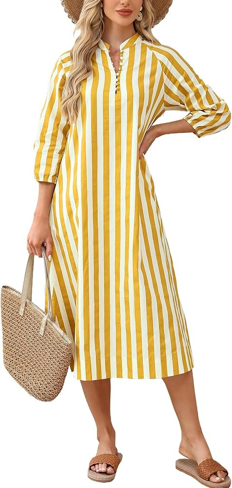 Women Summer Striped Button Down Long Maxi Dress Loose Fit 3/4 Sleeve Cotton Caftan Shirt Dress w... | Amazon (US)