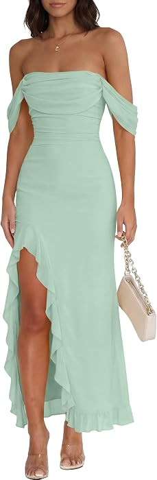 Caracilia Wedding Guest Dresses for Women Off Shoulder Bodycon Maxi Dress | Amazon (US)