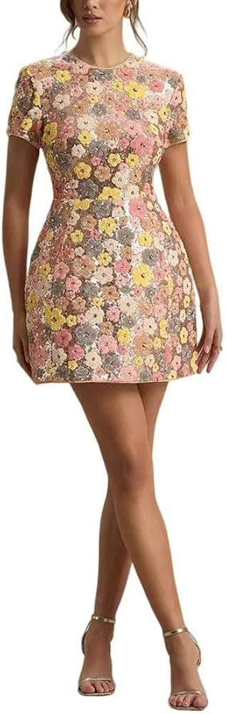 Women's Sexy Sequin Dress Colorful Flowers Printed Bodycon High Waist Cocktail Party Dress | Amazon (US)