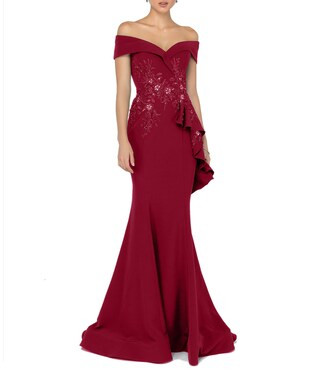 Off-the-Shoulder Short Sleeve Peplum Beaded Applique Mermaid Gown | Dillard's