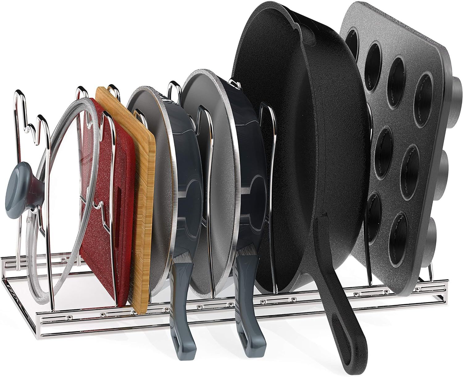 Simple Houseware 7 Adjustable Compartments Pot and Pan Organizer Rack Lid Holder, Chrome | Amazon (US)