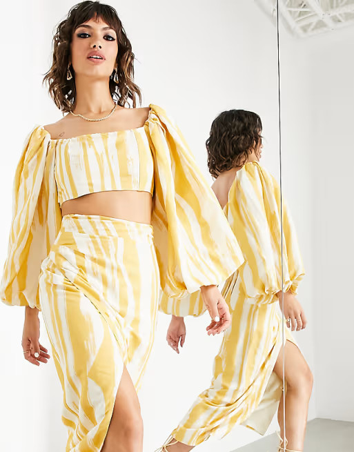 ASOS EDITION puff sleeve crop top in linen painted stripe | ASOS (Global)