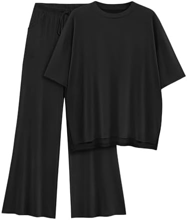 Womens Lounge Set 2026 Summer 2 Piece Outfits Oversized Short Sleeve Tops & Wide Leg Pant Matchin... | Amazon (US)