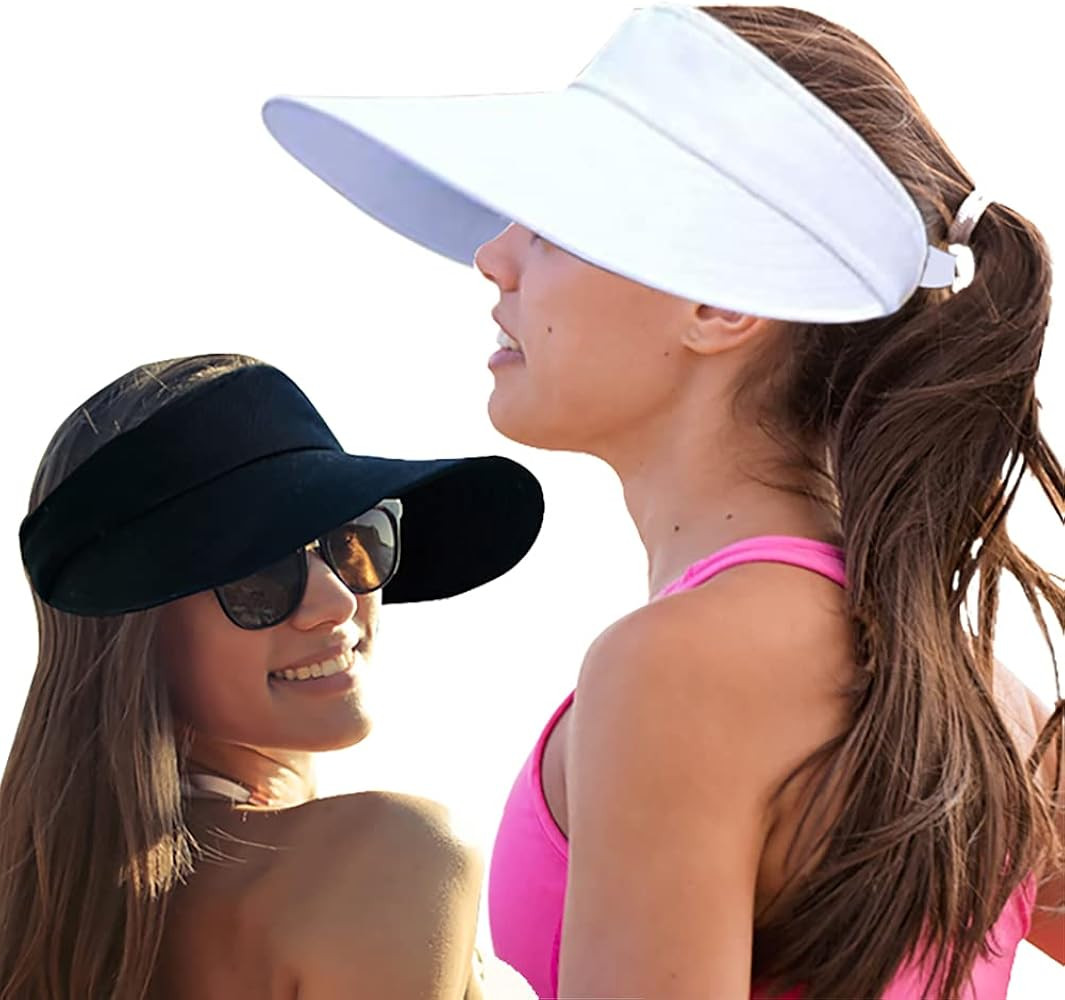 2PCS Wide Brim Sun Visor Hat Women Large UV Protective Golf Beach Cap, Korea Design | Amazon (US)
