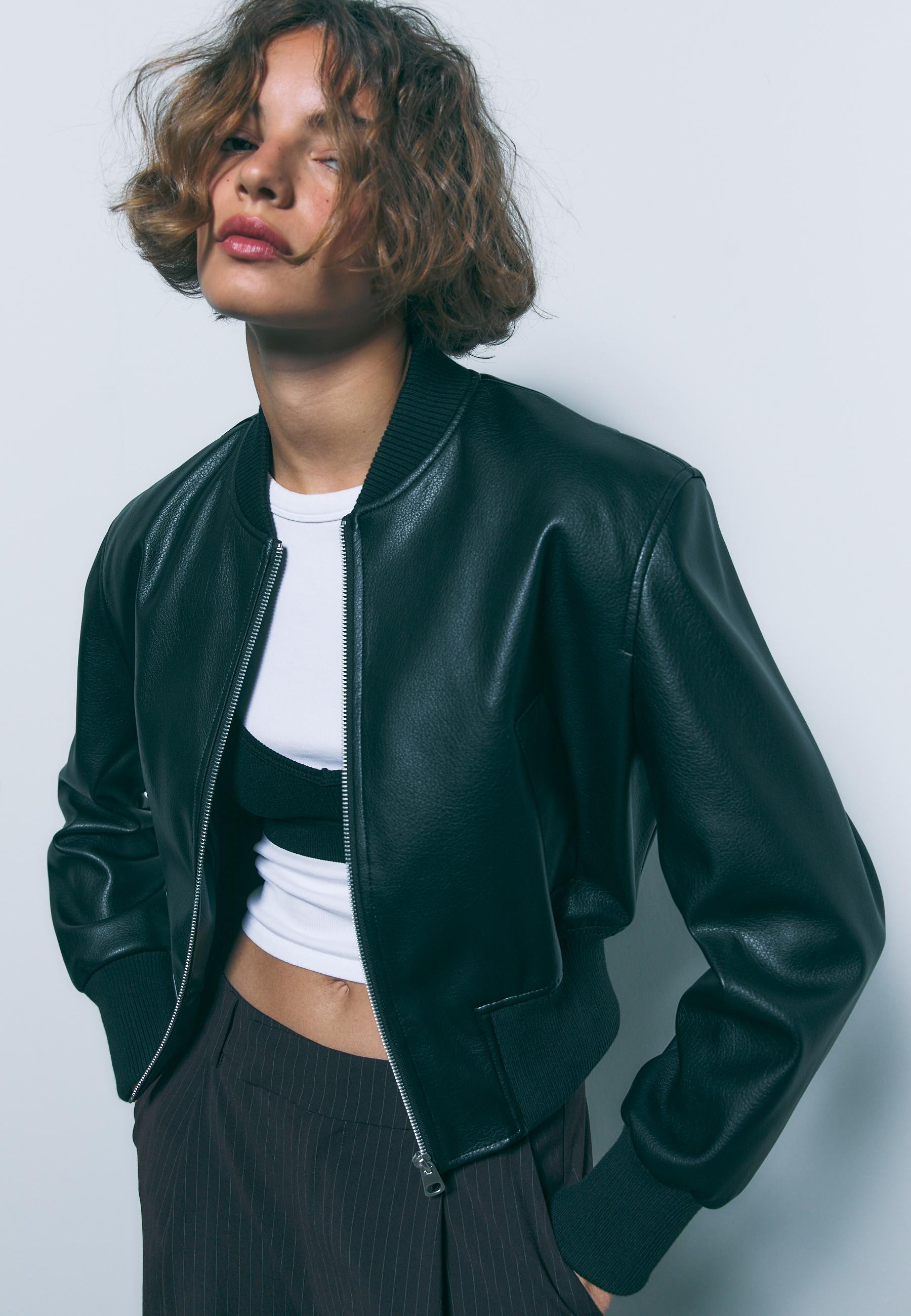 Leather effect bomber jacket with shoulder pads - Women's fashion | Stradivarius Nederland | Stradivarius (NL)
