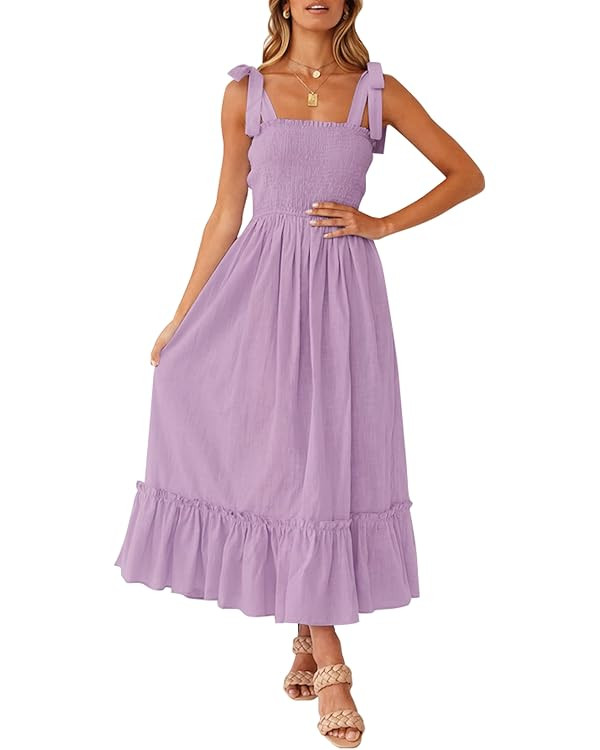 ZESICA Women's 2024 Summer Boho Spaghetti Strap Square Neck Solid Color Ruffle A Line Beach Long ... | Amazon (US)