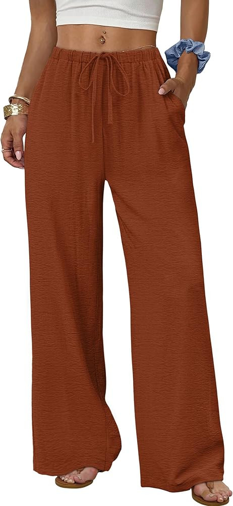 Sampeel Wide Leg Pants for Women Flowy Palazzo Drawstring Elastic Waist Trousers with Pockets Sum... | Amazon (US)