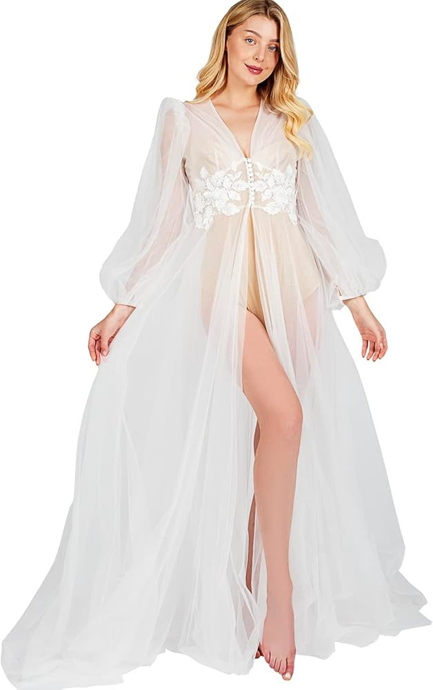 HHQ Women's Long Bridal Robes Tulle White Sheer Ladies Dressing Gown Full Length Sheer Wedding Da... | Amazon (US)