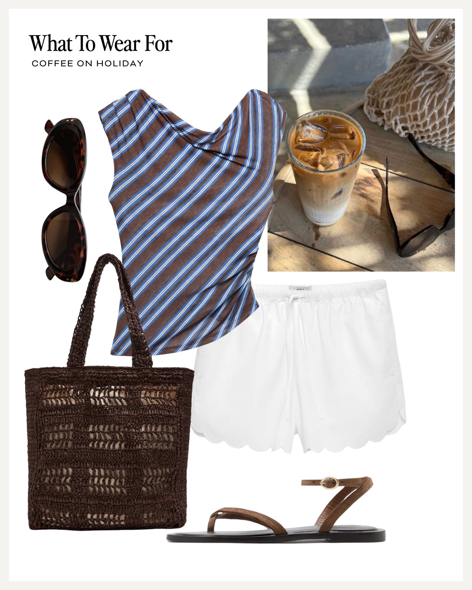 Coffee in holiday ☀️ 

Summer style, marks and Spencer, linen shorts, striped top, brown straw bag, sandals

#LTKsummer