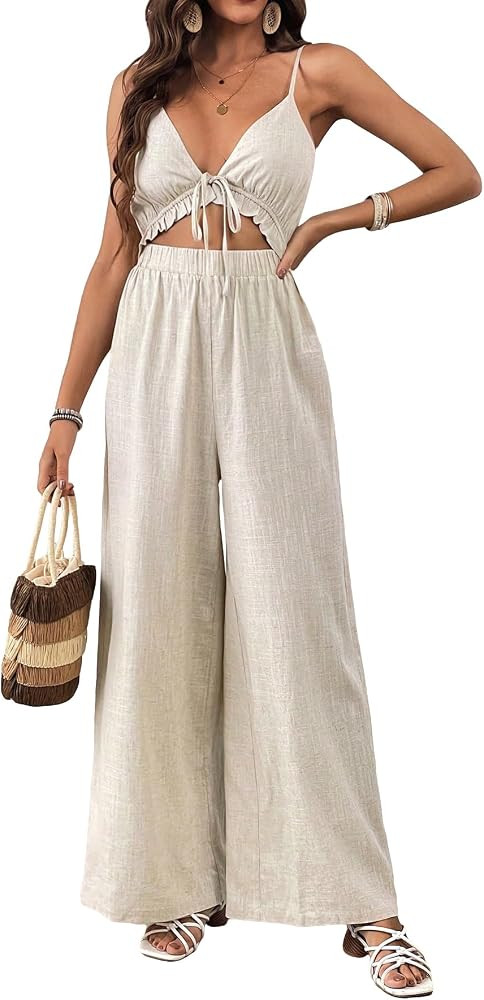 SHENHE Women's Cut Out Wide Leg Spaghetti Strap Frilled Boho Pants Cami Jumpsuit | Amazon (US)
