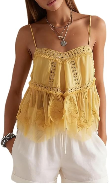 Womens Lace Spaghetti Strap V Neck Satin Tank Top Beach Vacation Silk Camisole Flowy Boho Summer ... | Amazon (US)