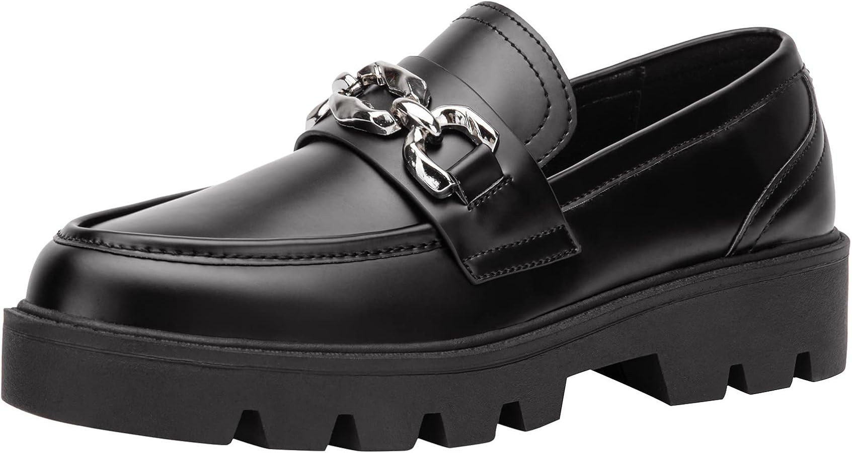 Vepose Women's 8081 Fashion Slip On Chunky Heel Casual Loafers Shoes Round Toe with Chain | Amazon (US)