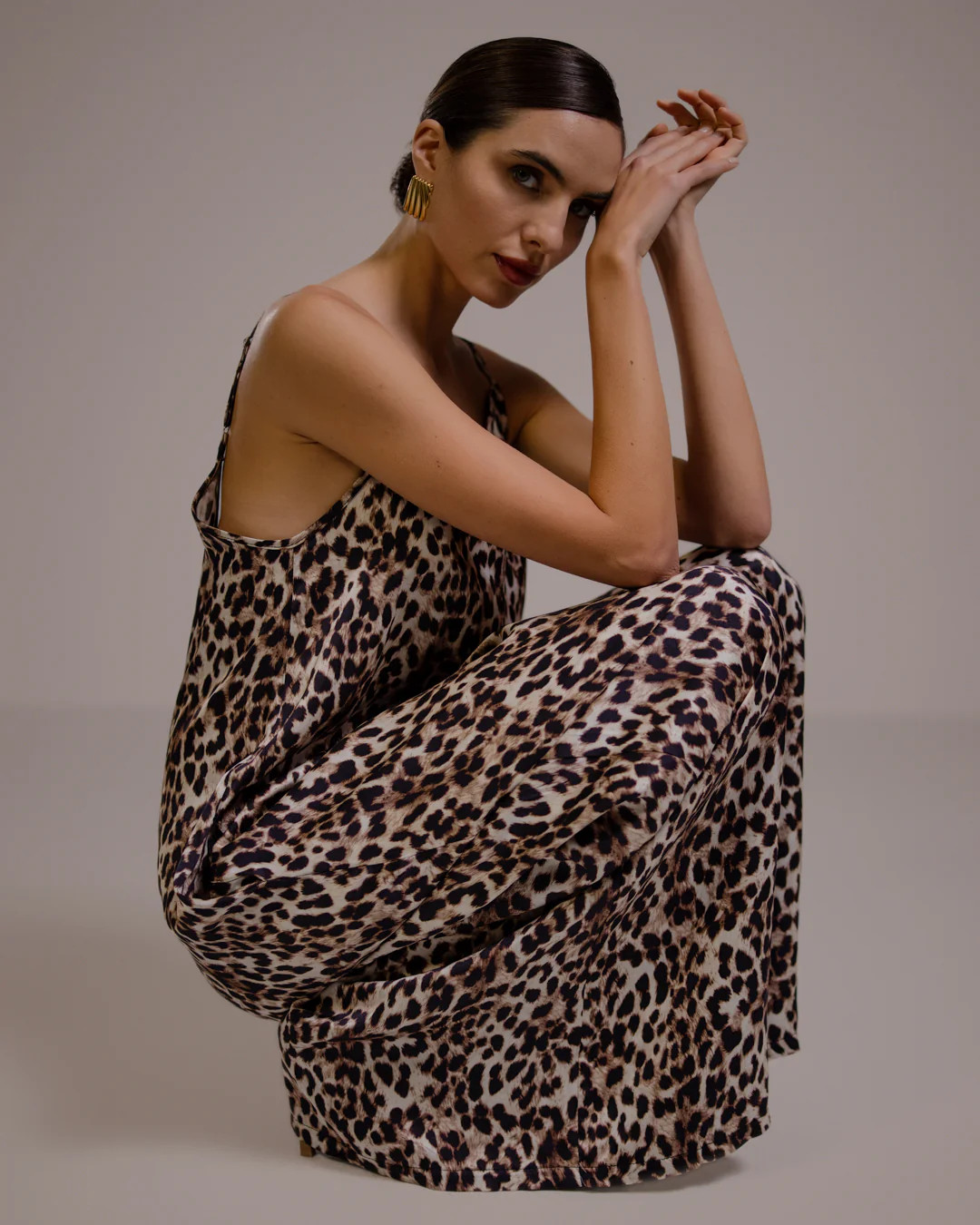 Audrey Satin Jumpsuit | Leopard Brown | JAKI