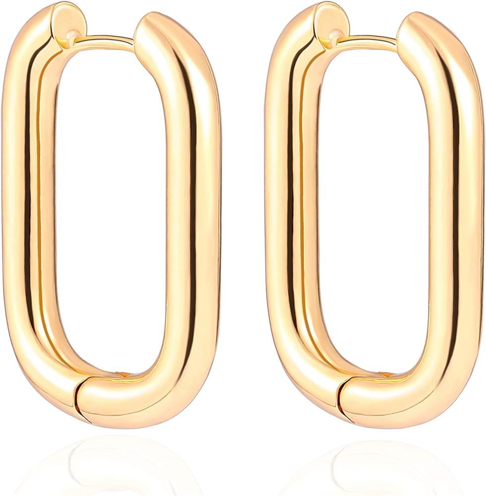 18K Gold Oval Huggie Hoop Earrings for Women Chunky Tube Leverback Earrings Dainty Minimalist Jew... | Amazon (US)