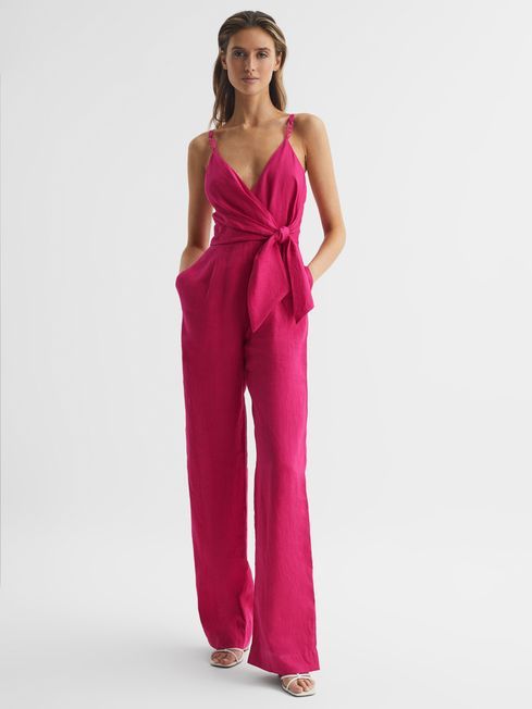 Reiss Pink Emilia V-Neck Linen Jumpsuit | Reiss US