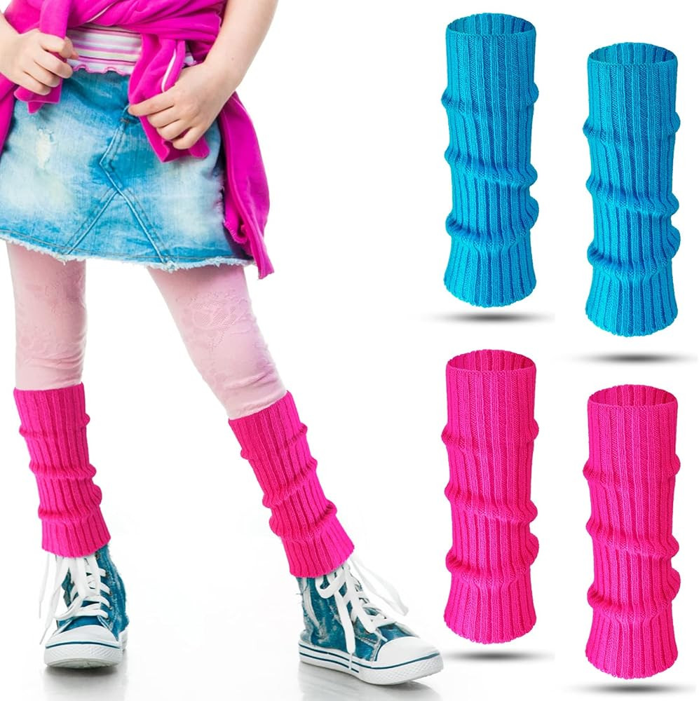 2 Pairs 80s Neon Leg Warmers for Girls Toddler Knit Ribbed Leg Socks for 1980s Halloween Party Co... | Amazon (US)