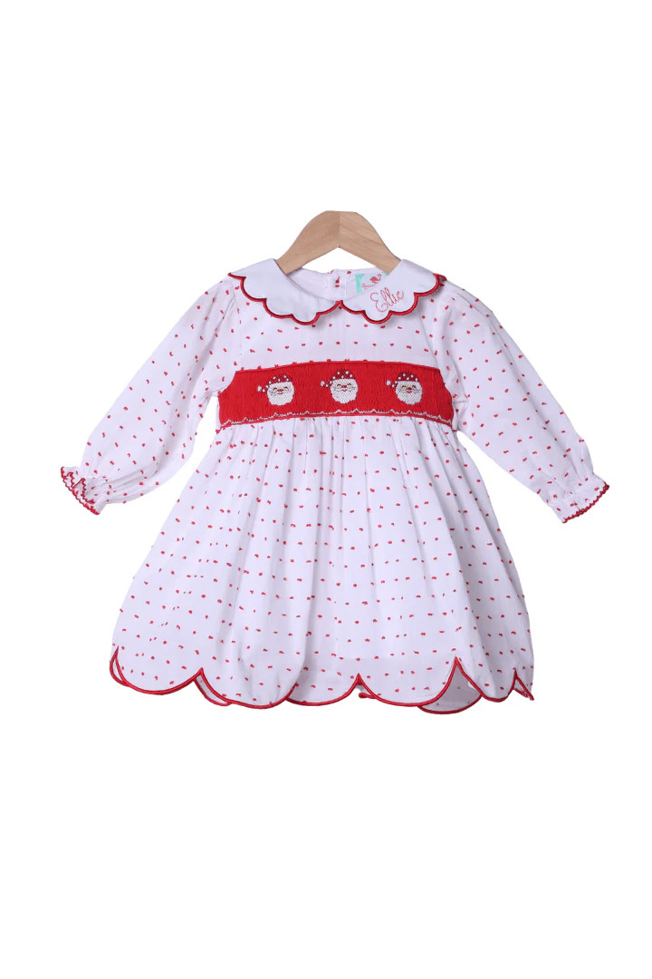 Smocked Santa Red Swiss Dot Scalloped Dress | The Smocked Flamingo
