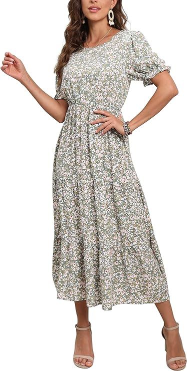 GRECERELLE Women's Summer Casual Loose Crewneck Boho Dress Ruffle Puff Sleeve High Waist Midi Bea... | Amazon (US)