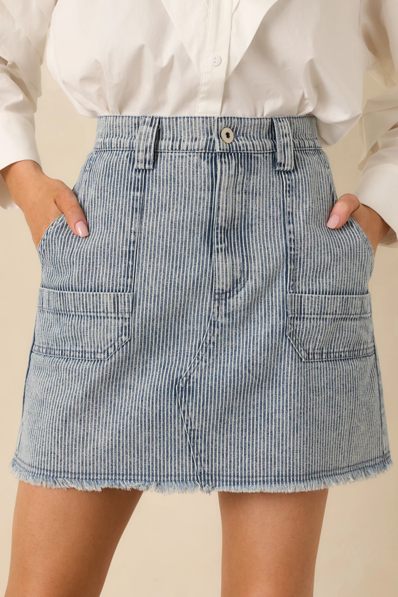 Off the Beaten Path Distressed Blue Stripe Cotton Denim Mini Skirt | Red Dress