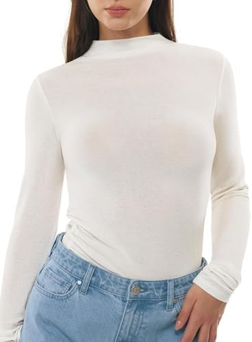 Women's Mock Turtle Neck Long Sleeve Shirts Merino Wool Knit Tops Fitted Slim Fit Basic Tees Cozy... | Amazon (US)