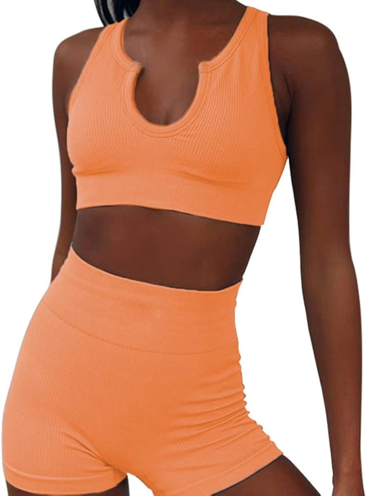 HCKG Womens 2 Piece Workout Sets Ribbed Crop Tops and Seamless High Wasit Yoga Shorts Set Active ... | Amazon (US)