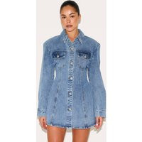 Mid Blue Wash Long Sleeve Cinched Waist Denim Shirt Dress | PrettyLittleThing US
