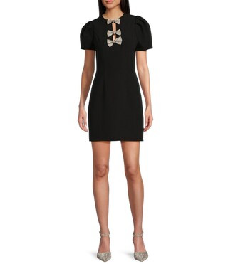Short Sleeve Triple Rhinestone Bow Trim A-Line Skirt Dress | Dillard's