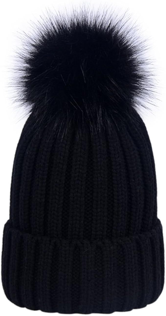 LAUSONS Women's Warm Ribbed Knit Winter Bobble Hat Faux Fur Pom Pom Beanie | Amazon (UK)