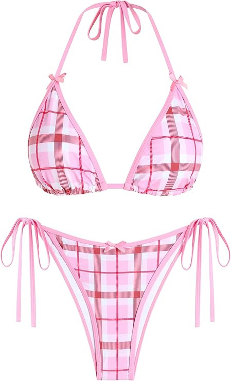 ZAFUL Bikini Sets for Women Halter Bow Decor Tiny Floral Gingham Print Swimsuit Tie Side 2 Pieces... | Amazon (US)
