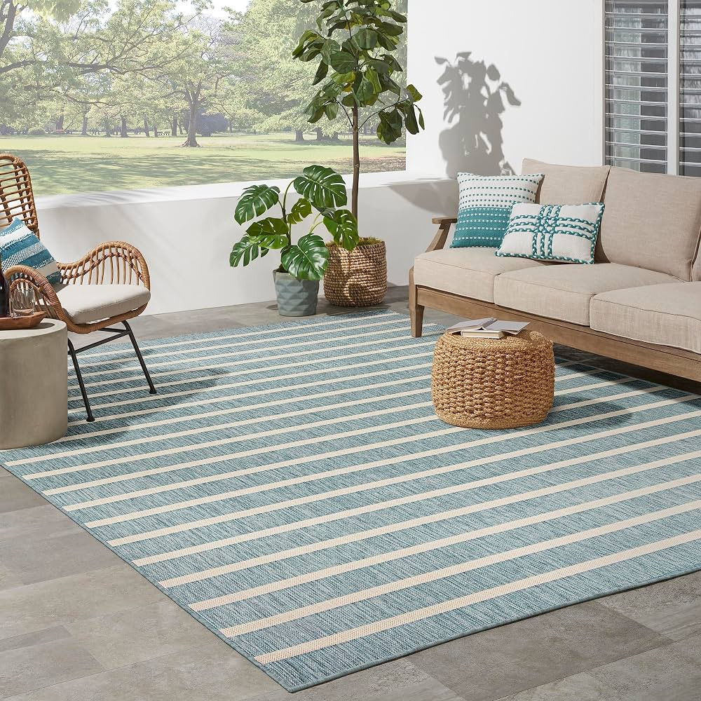 Nourison Positano Indoor/Outdoor Aqua Ivory 8' x 10' Area Rug, Easy Cleaning, Non Shedding, Bed R... | Amazon (US)