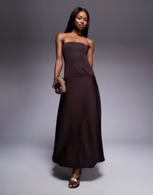 ASOS DESIGN dropped waist puffball maxi dress in chocolate | ASOS (Global)