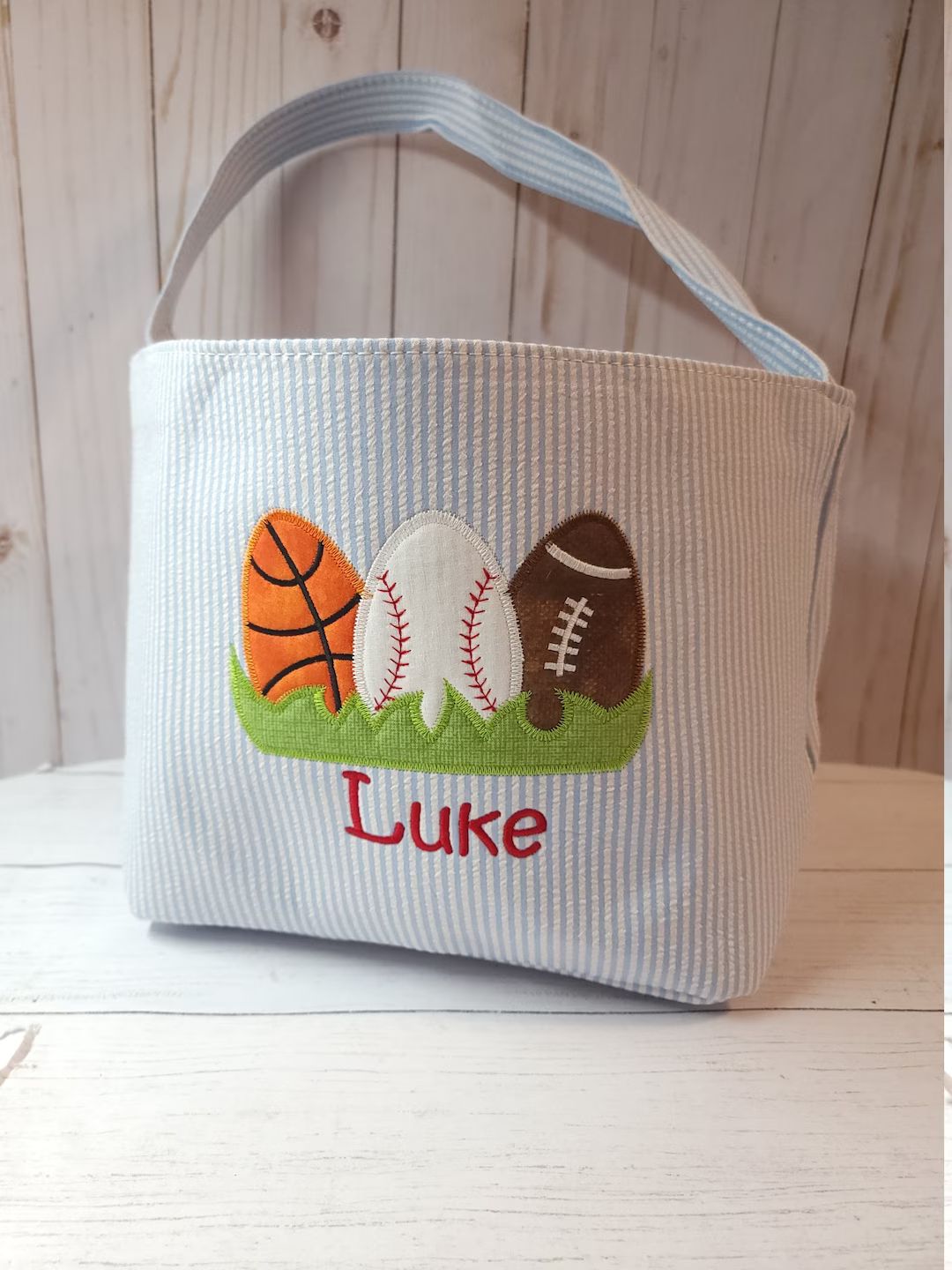 Personalized Easter Bucket, Sports Easter Basket, Seersucker Easter Bucket With Name - Etsy | Etsy (US)