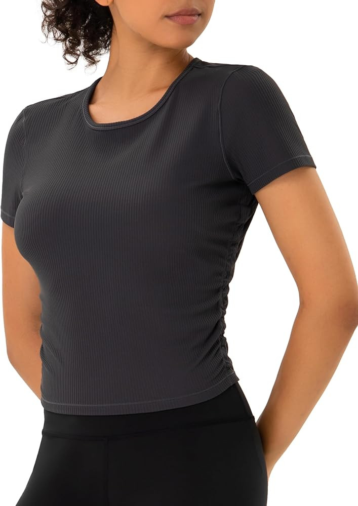 YUNOGA Womens Workout Top Short Sleeve Ribbed T-Shirt Compression Athletic Yoga Shirts | Amazon (US)