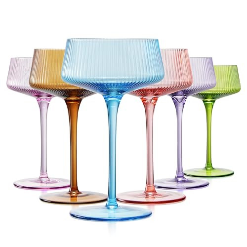 Art Deco Martini, Champagne, Cocktail Colored Crystal Coupe Glasses | Set of 6 | Large Stemmed Glassware Bright Vintage Glasses, Wine, Gift Idea, Rainbow Unique Speakeasy Style Goblet - Modern Ribbed | Amazon (US)