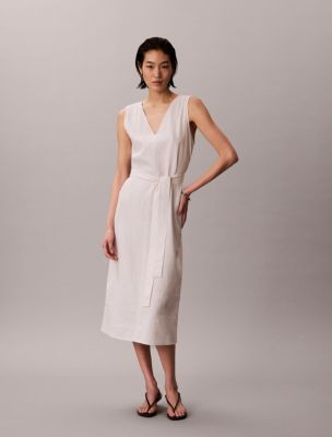 Linen Blend V-Neck Sleeveless Belted Dress | Calvin Klein | Calvin Klein (US)