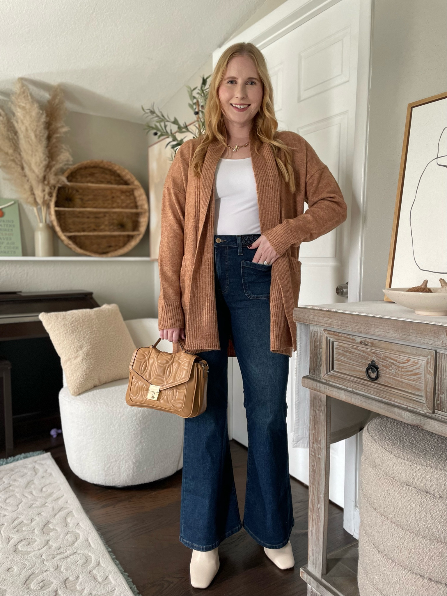 Cardigan, white tank top, denim jeans 

#LTKmidsize #LTKSeasonal #LTKfindsunder50