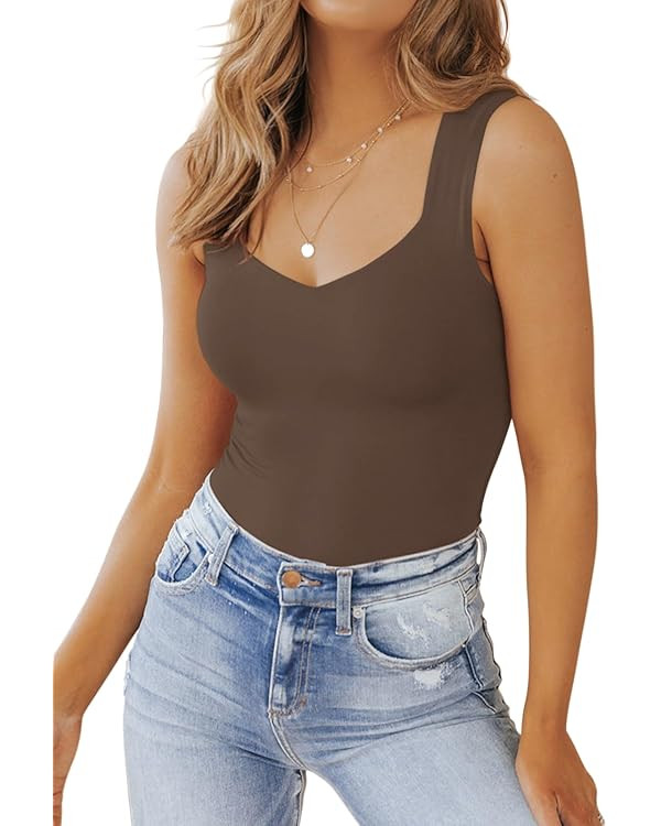 PINKMSTYLE Women's Basic Double Lined V Neck Tank Tops Sleeveless Shirts Slimming Summer Tops | Amazon (US)