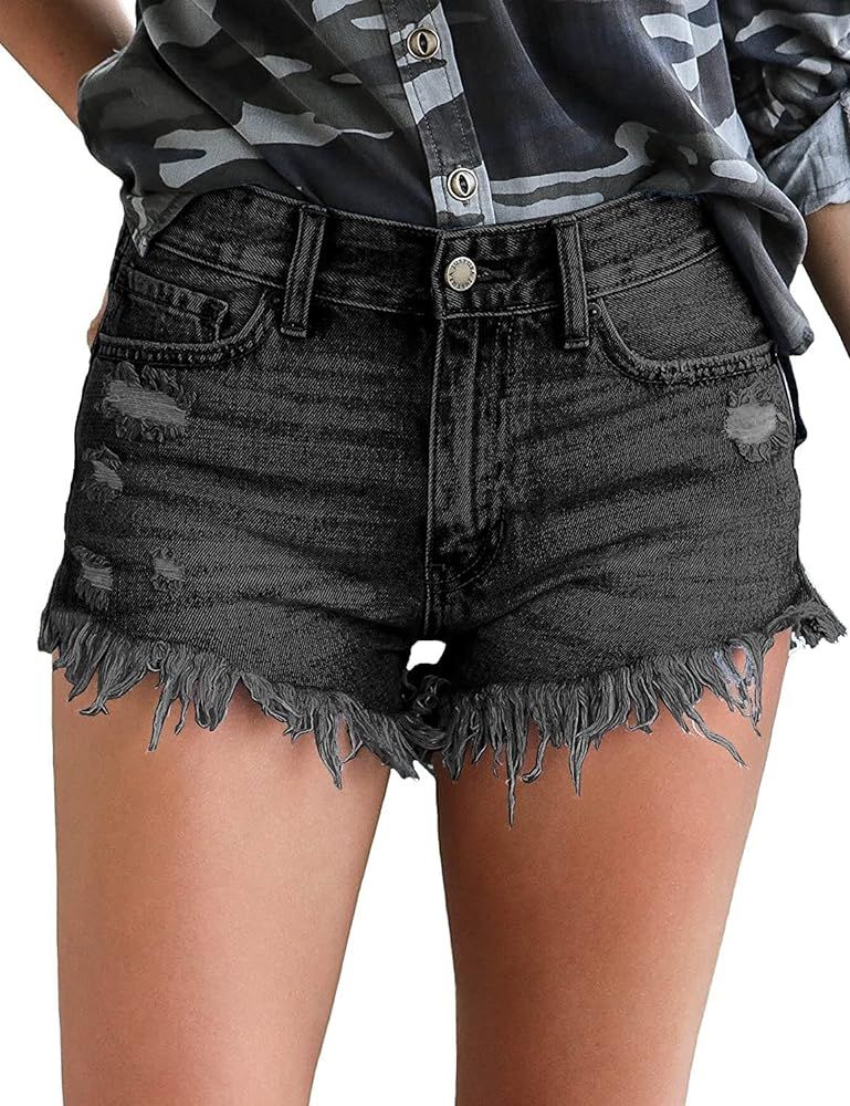 Mid Rise Jean Shorts for Women Frayed Raw Hem Ripped Distressed Shorts Casual Stretchy Hot Denim ... | Amazon (US)
