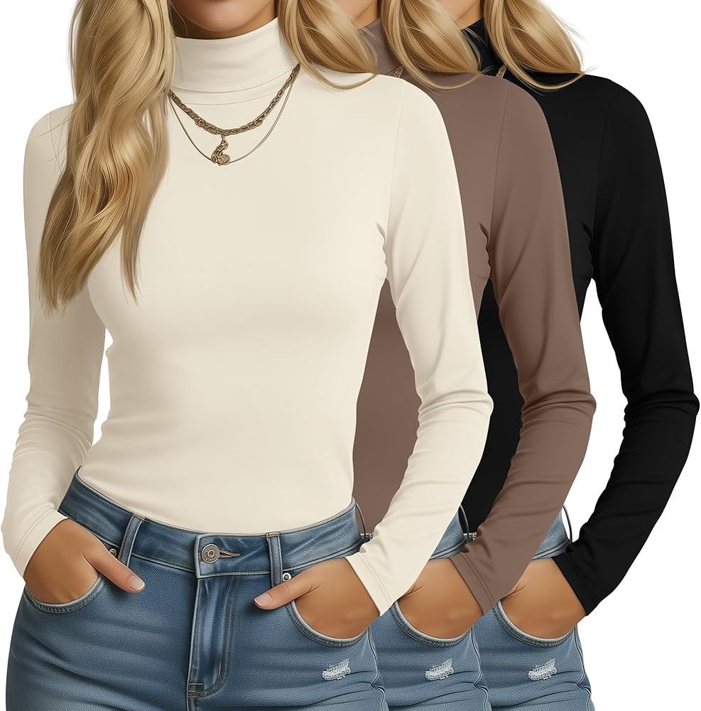 3 Pack Women's Turtleneck Tops Mock Neck Long Sleeve Slim Fitted Shirts Lightweight Layer Shirt S... | Amazon (US)