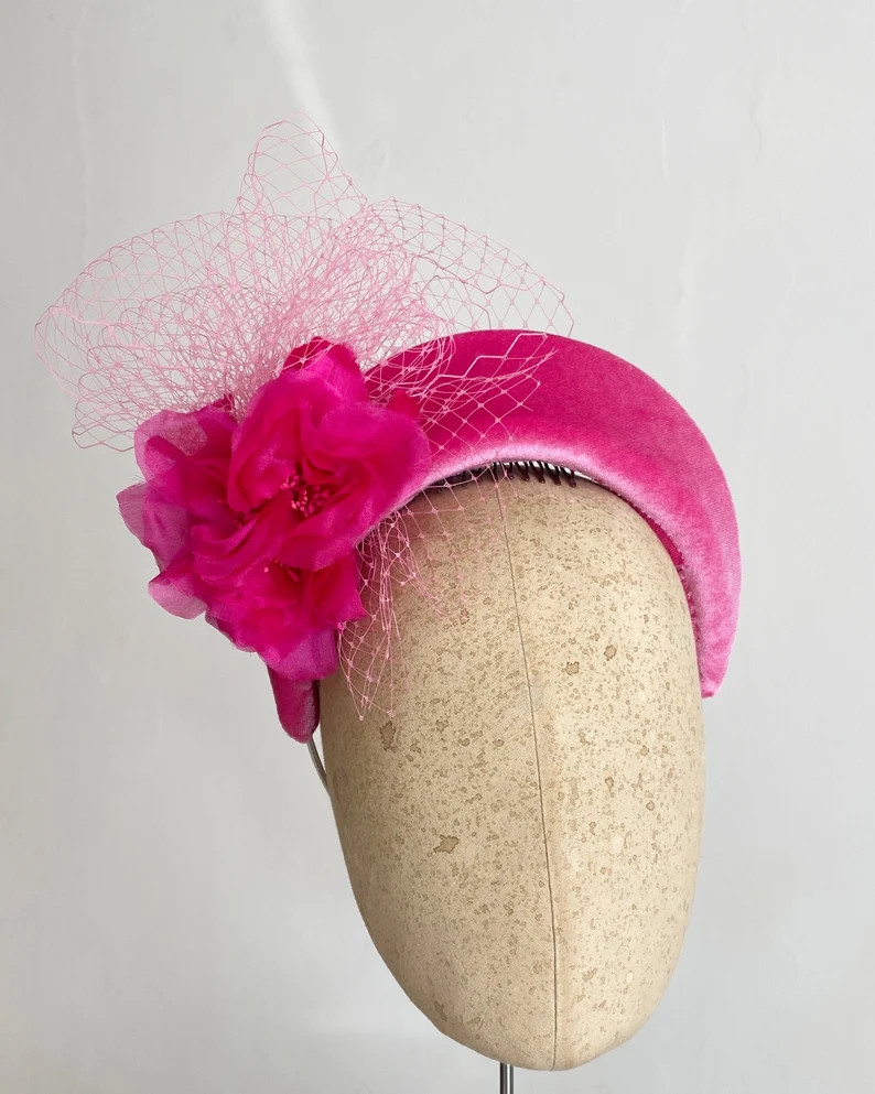 Pink Velvet Halo Headband With Flower and Veiling 'layla' - Etsy UK | Etsy (US)