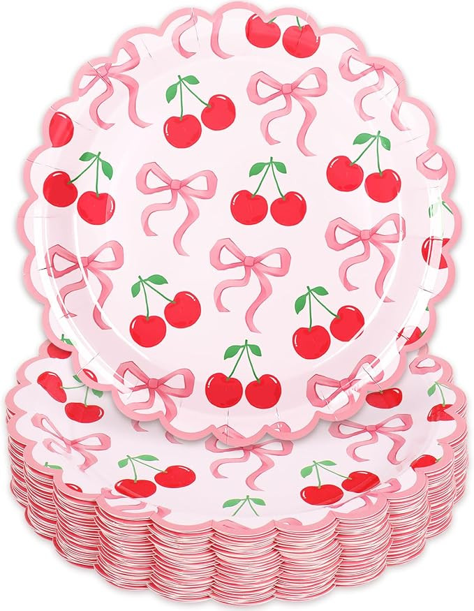 50Pcs Pink Bow Cherry Paper Plates 9 Inch She is the Cherry On Top Disposable Plate Cherry Bowkno... | Amazon (US)