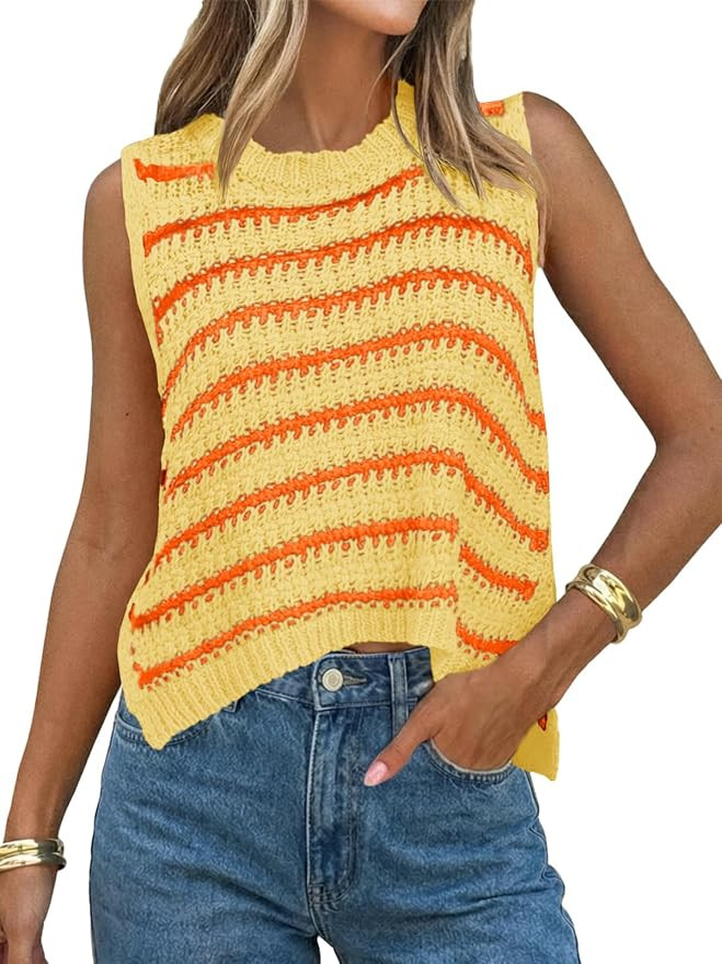 Saodimallsu Womens Sleeveless Striped Sweater Vest Crew Neck Summer Casual Side Split Knit Tank T... | Amazon (US)
