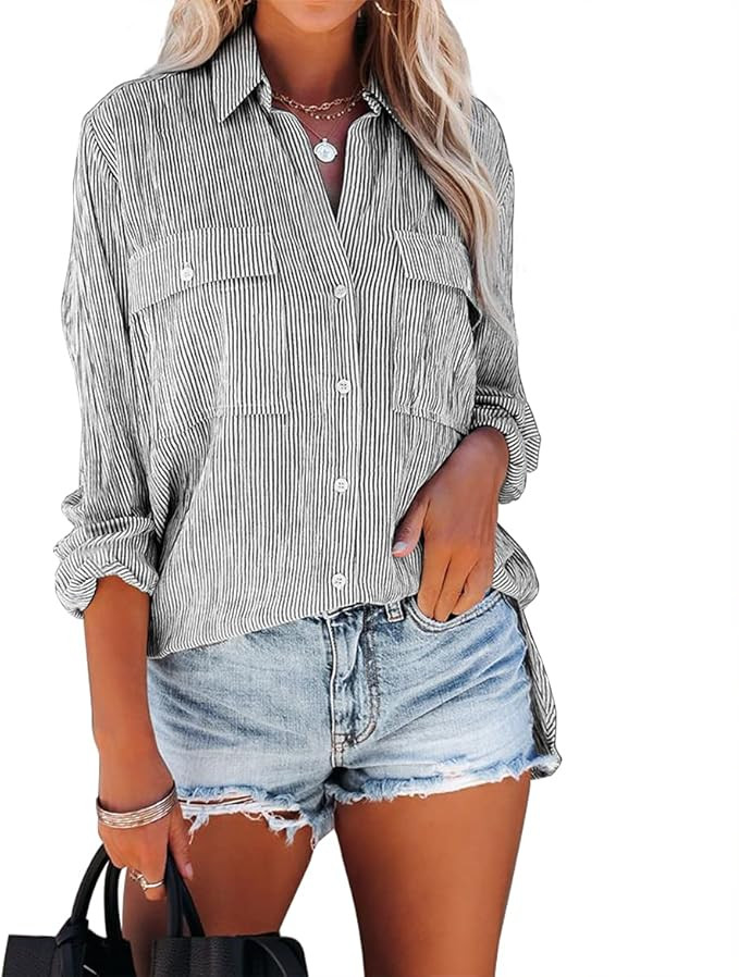 OMSJ Women's Striped Button Down Shirts Casual Long Sleeve Stylish V Neck Blouses Tops with Pocke... | Amazon (US)