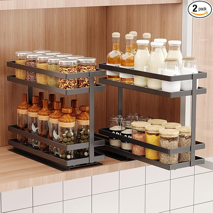 2 Pack Pull Out Spice Rack Organizer for Cabinet, 2 Tier Metal Slide Out Seasoning Organizer and ... | Amazon (US)