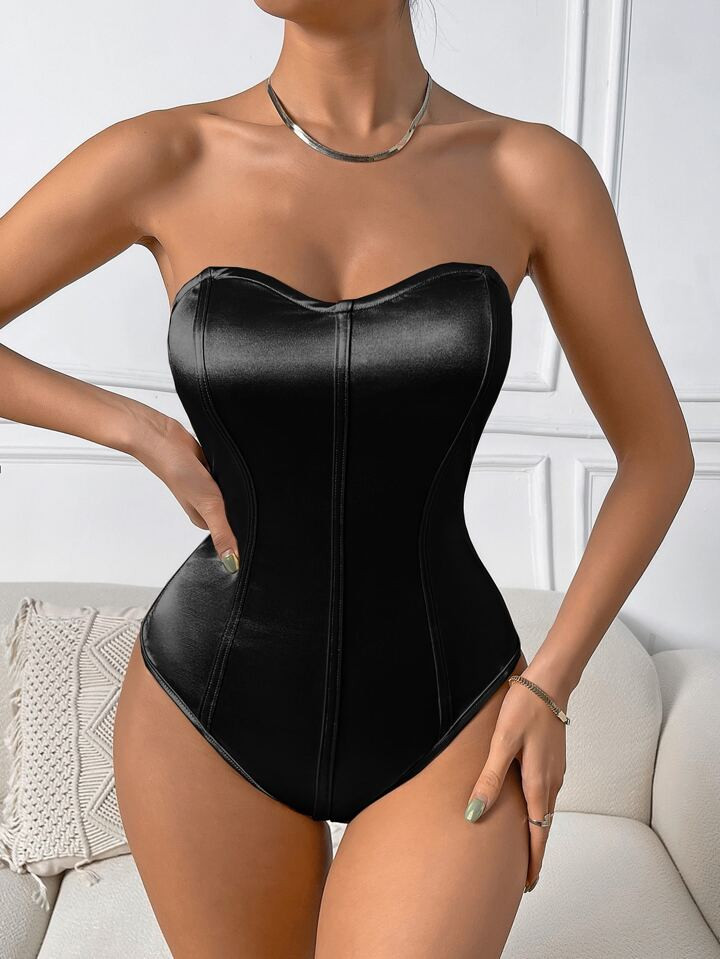 SHEIN Privé Solid Tube Satin Bodysuit | SHEIN