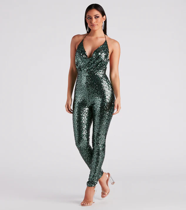 Stunning Shine Sequin Halter Catsuit | Windsor Stores