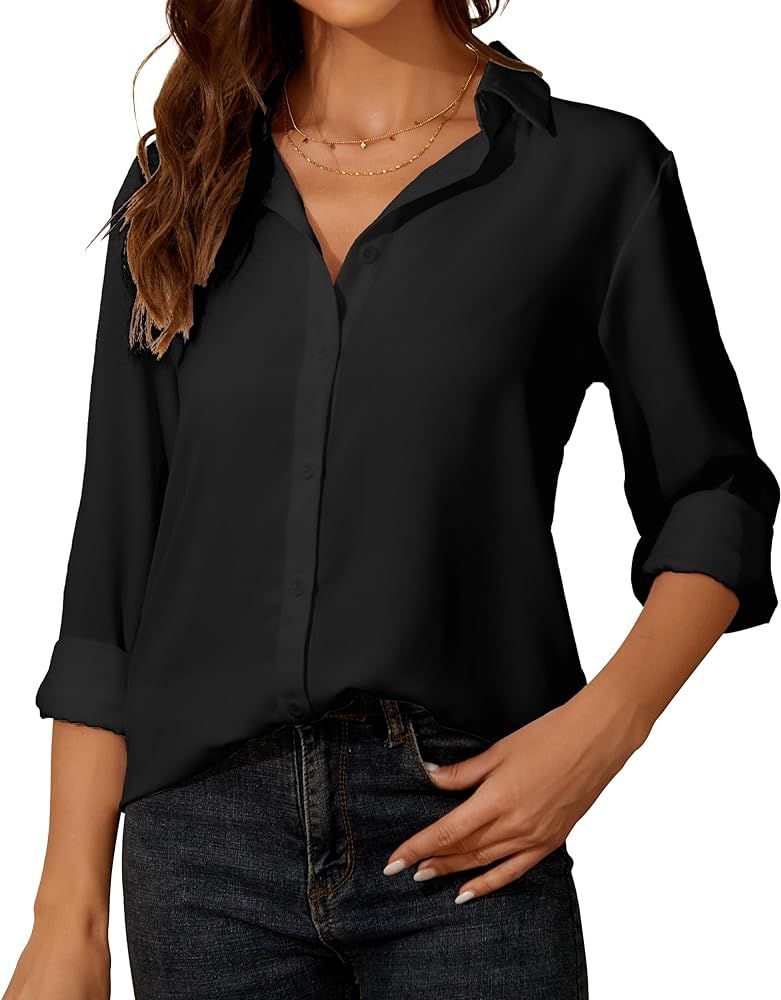 YAMANMAN Womens Button Down Shirt Long Sleeve Classic Collared Tops Work Office Casual Chiffon Bl... | Amazon (US)