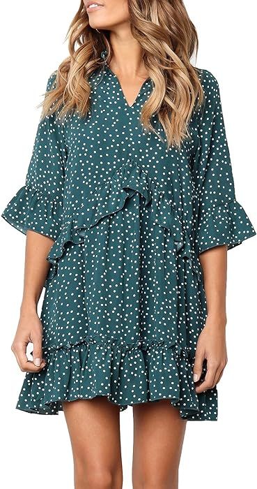 Women's V Neck Ruffle Polka Dot Pocket Loose Swing Casual Short T-Shirt Dress | Amazon (US)