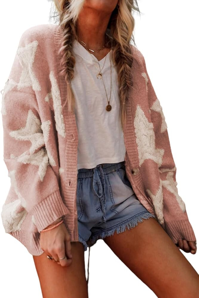 KevaMolly Womens Cardigan Sweater Sherpa Star Pattern Textured Sweater Cardigan with Pockets Casu... | Amazon (US)