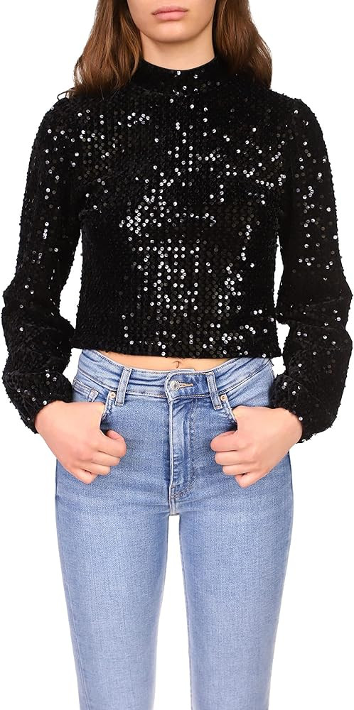 Sanctuary All Nighter Mock Neck Sequin & Velvet Blouse | Amazon (US)